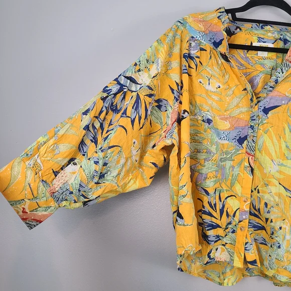 Anthropologie Maeve Yellow Tropical Cotton Lightweight Beach Vacation Buttonup - Picture 7 of 12